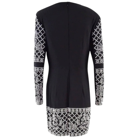 XSCAPE black knit party long sleeve sexy dress with white and clear beads sz 10 - Picture 2 of 11